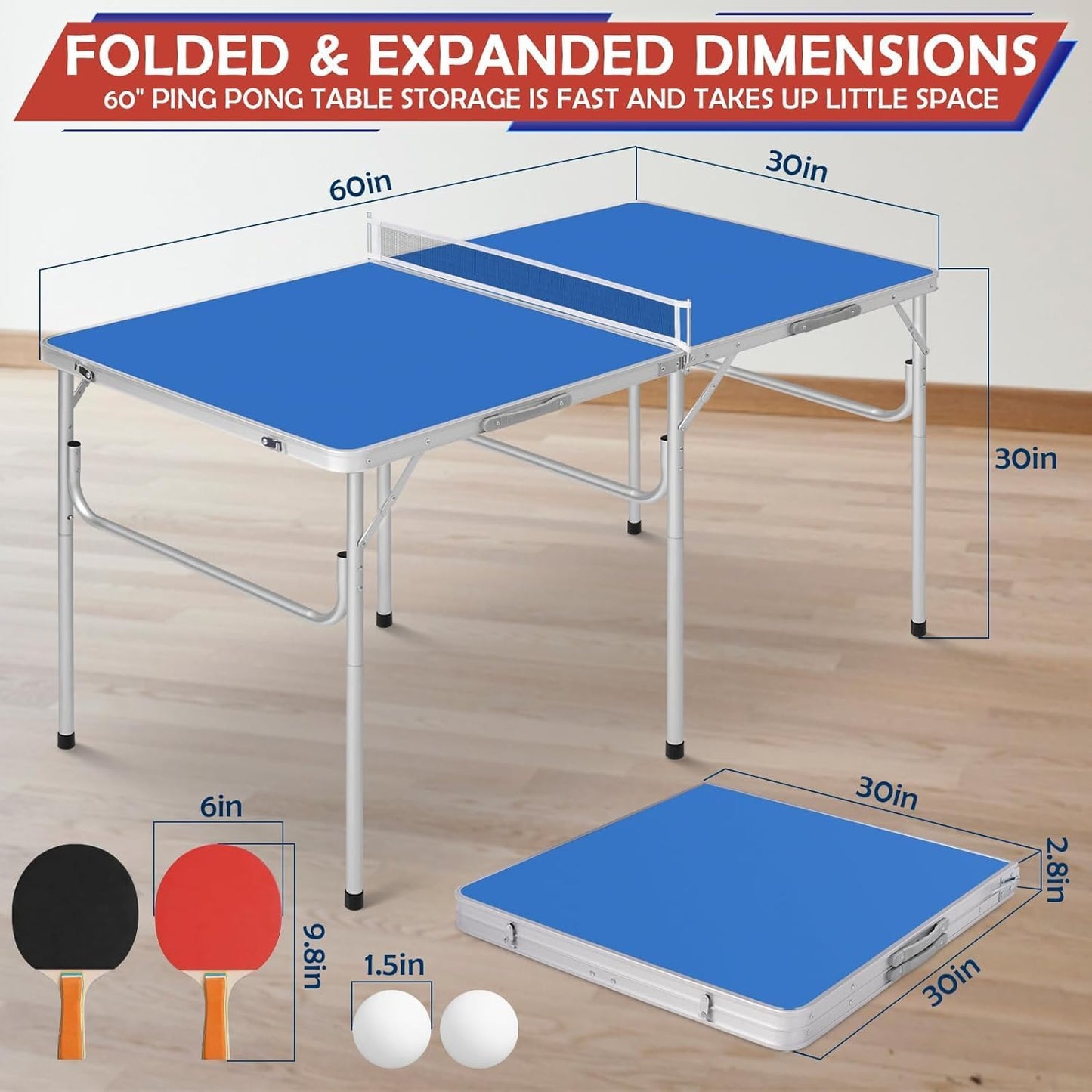 TUPOSTAR Klappbare Tischtennisplatte – Indoor & Outdoor, blau, inkl. Netz