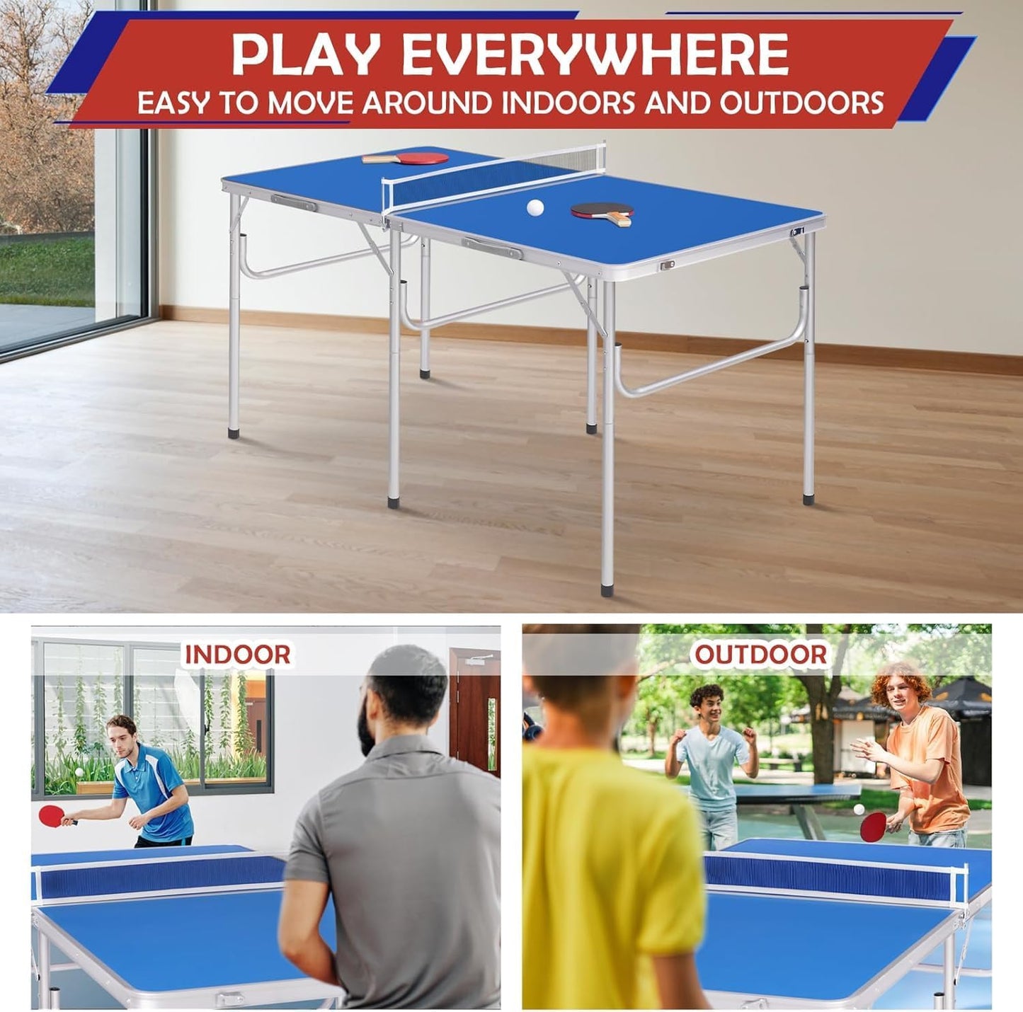 TUPOSTAR Klappbare Tischtennisplatte – Indoor & Outdoor, blau, inkl. Netz