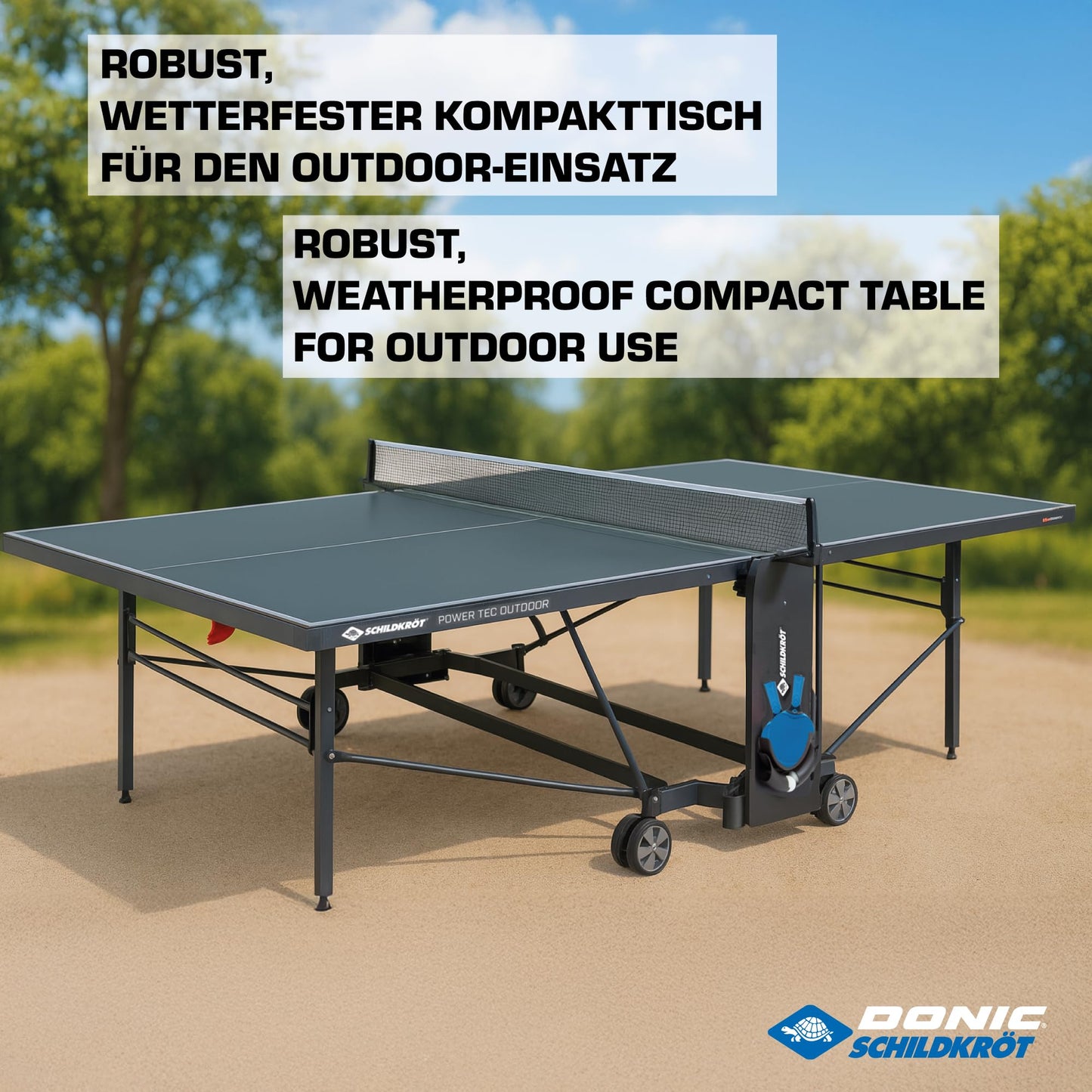 Schildkröt PowerTec Tischtennistisch – Outdoor, klappbar, schwarz, fahrbar
