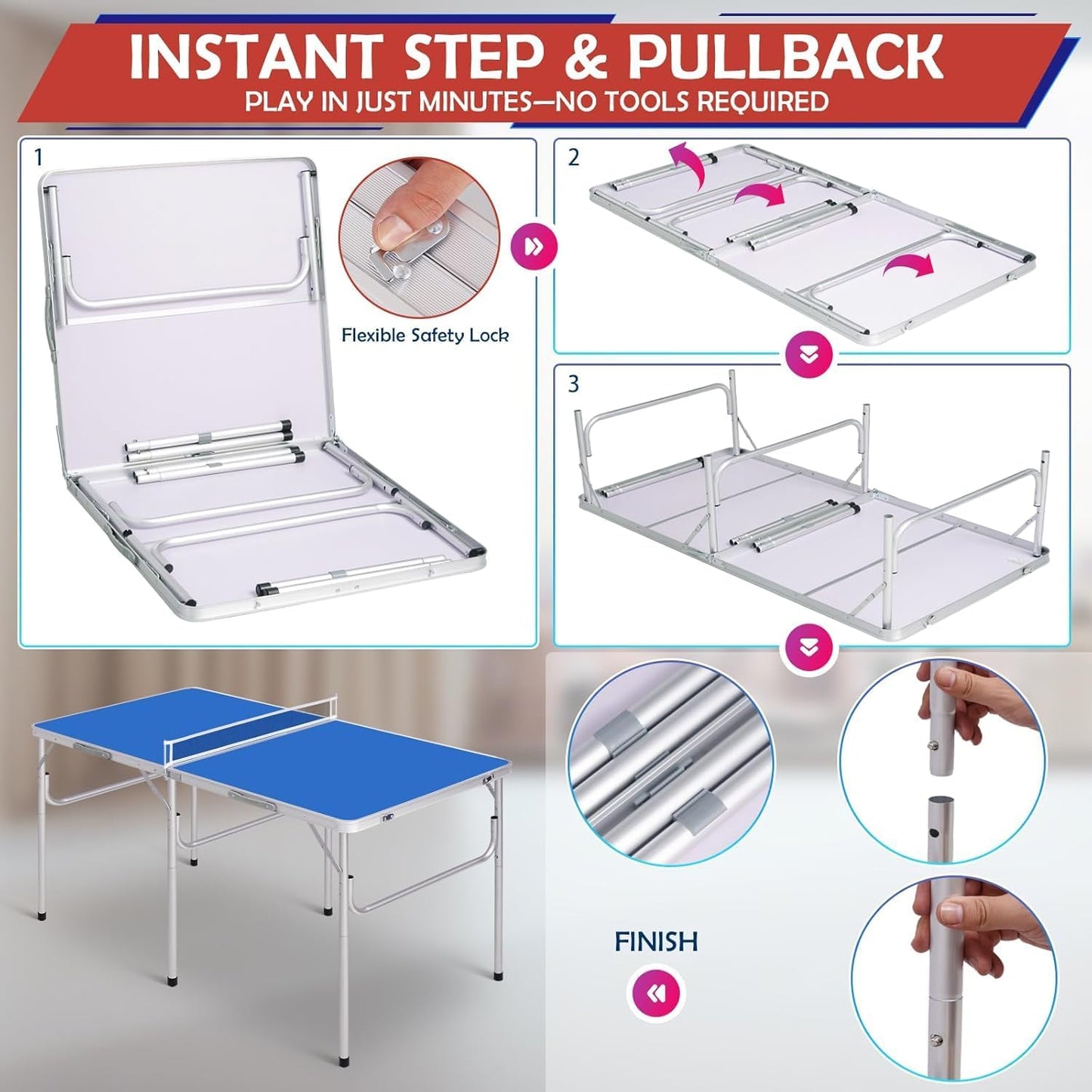 TUPOSTAR Klappbare Tischtennisplatte – Indoor & Outdoor, blau, inkl. Netz